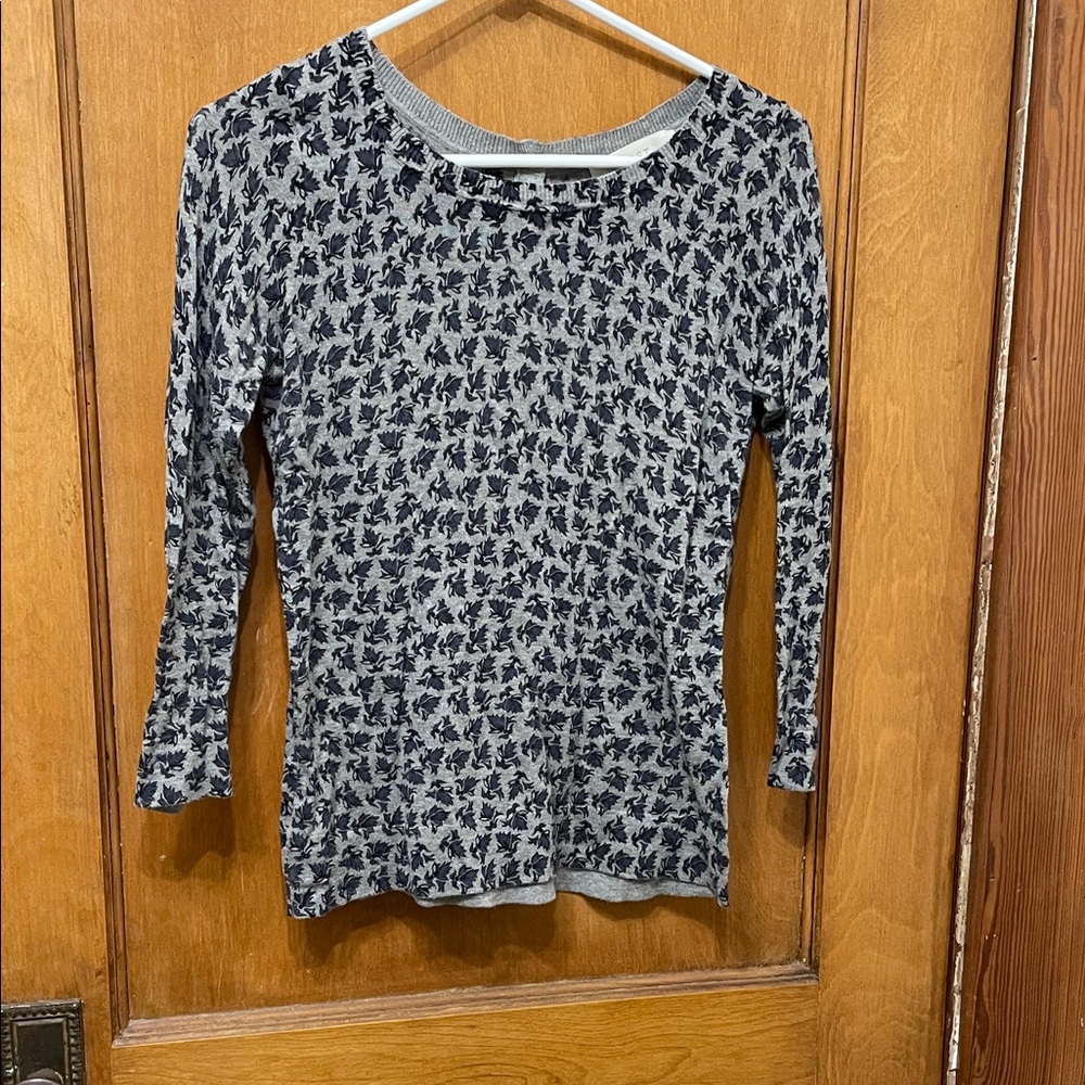 LOFT Black and Gray Floral Long Sleeve Top